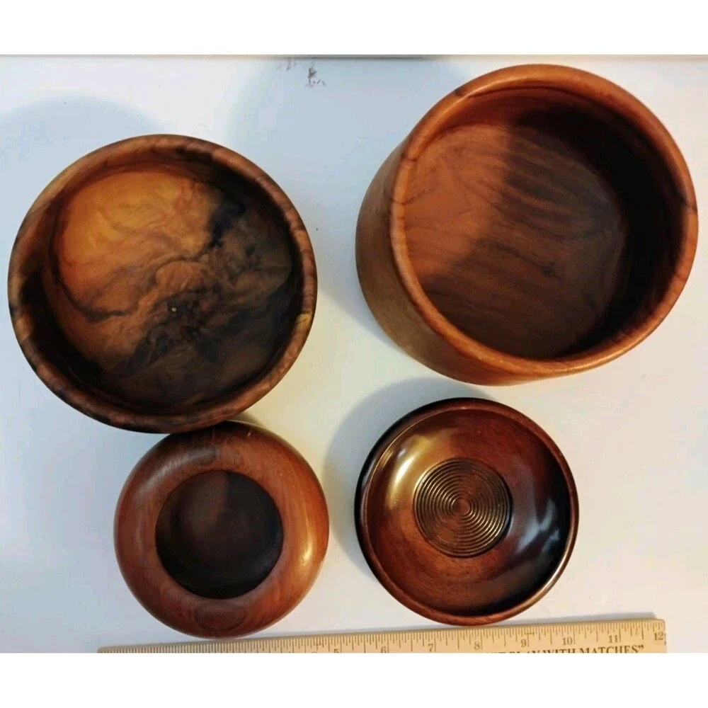 Vtg Mid Century Hand Turned Wooden Bowl Lot Myrtlewood Walnut Dishes 4Pc as-is
